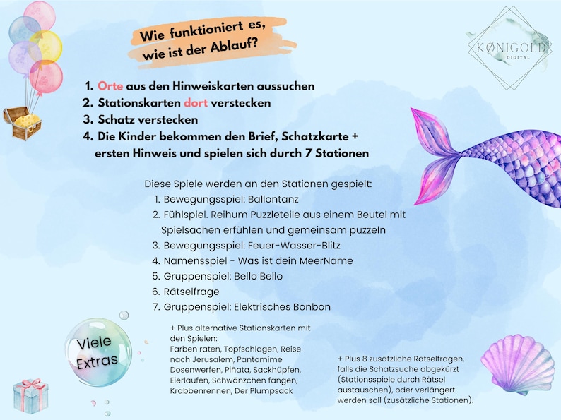 Puede incluir: Una ilustraci&oacute;n colorida con instrucciones para un juego de b&uacute;squeda del tesoro. La imagen presenta una sirena, un cofre del tesoro, globos y una lista de ideas de juegos. El texto dice "Wie funktioniert es, wie ist der Ablauf?" y "Viele Extras".