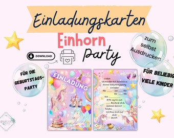 Einladungskarten Geburtstagsparty Einhorn, Einladungen Kindergeburtstag Einhorn Party, Einladungskarten selbst Ausdrucken, Einhorn Einladung