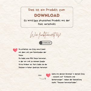 May include: A graphic explaining how to download a digital product from Etsy. The graphic includes a red heart, a lightbulb, and a download button. The text reads: "This is a product for download. It is not a physical product that will be shipped. How does it work? You will receive an email from Etsy with a link to download the file. You can download a PDF file with a link to my Google Drive folder. You can download the files in high quality from there. Or, you can go to your Etsy account and click on "Purchases and Reviews." Next to the order, it will say "Download Files.""