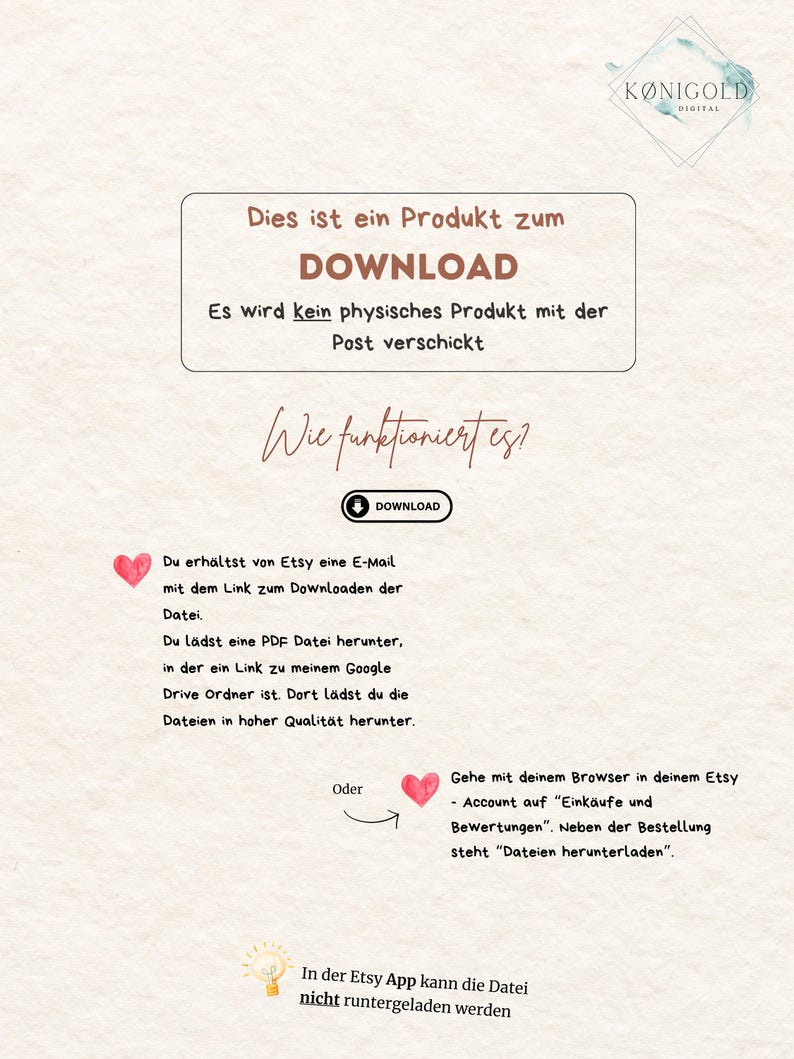 May include: A graphic explaining how to download a digital product from Etsy. The graphic includes a red heart, a lightbulb, and a download button. The text reads: "This is a product for download. It is not a physical product that will be shipped. How does it work? You will receive an email from Etsy with a link to download the file. You can download a PDF file with a link to my Google Drive folder. You can download the files in high quality from there. Or, you can go to your Etsy account and click on "Purchases and Reviews." Next to the order, it will say "Download Files.""