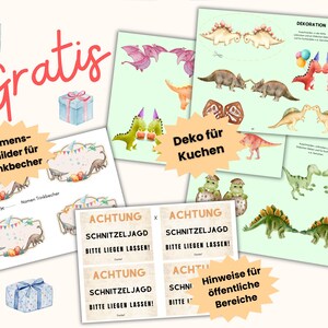 May include: Printable dinosaur party decorations, including name tags for drink cups, signs for a schnitzel hunt, and decorations for a cake. The decorations are in a watercolour style with a green, blue, and pink colour scheme.