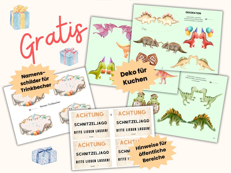 May include: Printable dinosaur party decorations, including name tags for drink cups, signs for a schnitzel hunt, and decorations for a cake. The decorations are in a watercolour style with a green, blue, and pink colour scheme.