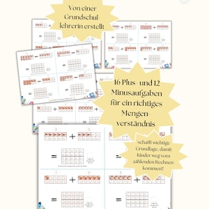 May include: A printable worksheet with 16 addition and 12 subtraction problems for kids to practice their math skills. The problems are presented in a visual way, using pictures of dots to represent numbers. The worksheet is designed to help children develop a strong understanding of number concepts and operations.
