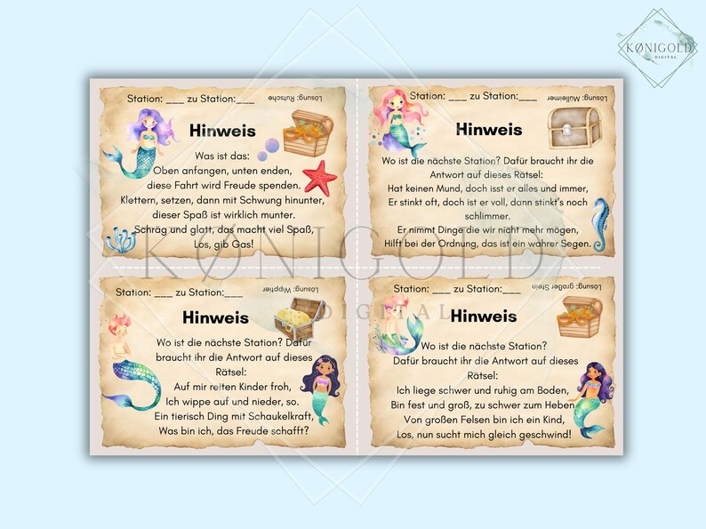 Peut inclure: Quatre cartes illustr&eacute;es sur le th&egrave;me des sir&egrave;nes. Chaque carte contient une devinette &eacute;crite avec un coffre au tr&eacute;sor et une illustration de sir&egrave;ne. Le texte sur les cartes indique : "Station : &agrave; Station : Hinweis" puis une devinette.