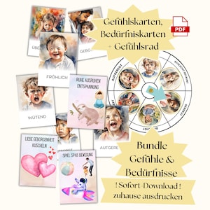 Bundle Gefühle und Bedürfnisse zum Ausdrucken, Gefühle und Bedürfnisse erkennen und benennen, Gefühlskarten Bedürfniskarten Gefühlsrad PDF