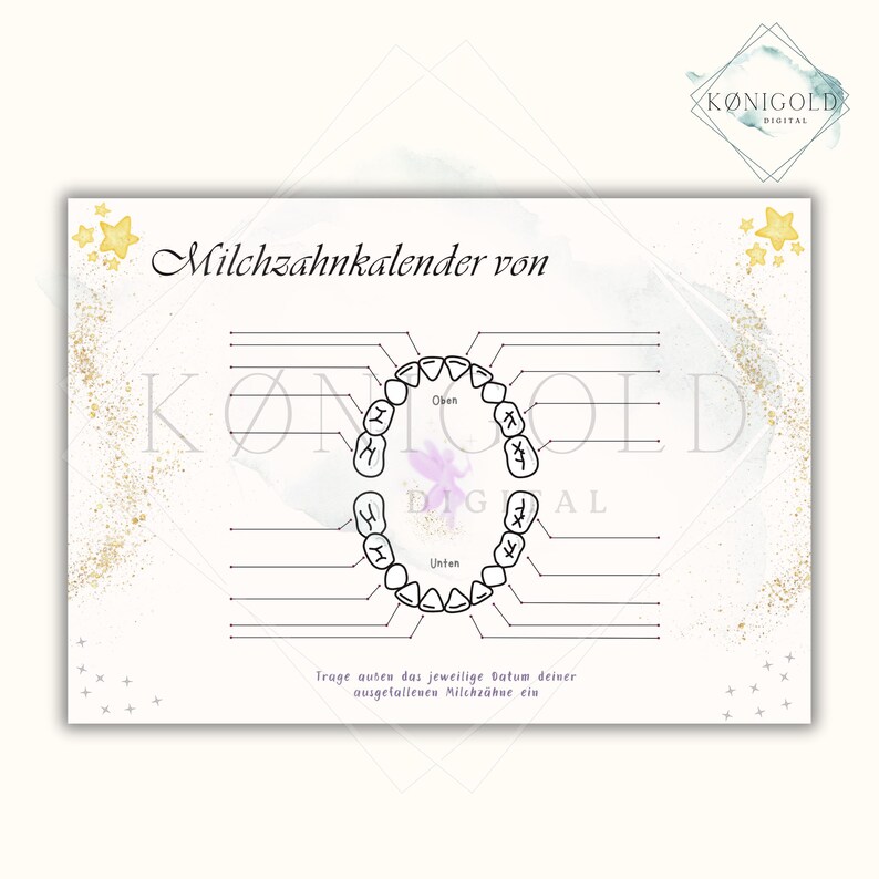 May include: A cream-colored chart with a tooth diagram, labeled "Milchzahnkalender von." The chart includes spaces for recording tooth loss dates, with text in German. Gold stars and a fairy graphic decorate the corners.