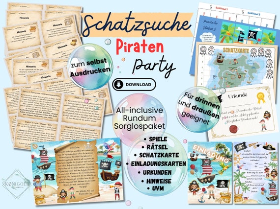 Piraten Schnitzeljagd für Kindergeburtstag, Schatzsuche Piraten für drinnen, draußen und Spielplatz, 4 5 6 7 8 Jahre, PDF zum Ausdrucken