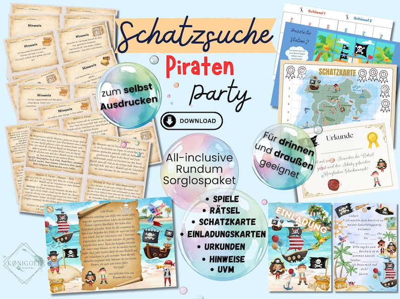 Op de afbeelding: Een printbare piratenpartyset met een schatkaarten, uitnodigingen, aanwijzingen en een certificaat. De set is geschikt voor zowel binnen als buiten. De tekst op de afbeelding is "Schatzsuche Piraten Party" en "All-inclusive Rundum Sorglospaket".