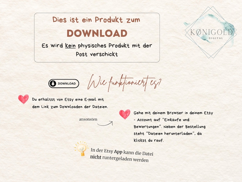 Peut inclure: Un graphique avec le texte "Dies ist ein Produkt zum DOWNLOAD. Es wird kein physisches Produkt mit der Post verschickt." et "Wie funktioniert es?" avec des instructions sur la fa&ccedil;on de t&eacute;l&eacute;charger un produit num&eacute;rique sur Etsy.