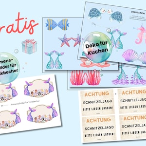 Puede incluir: Un conjunto de decoraciones de fiesta con tem&aacute;tica de sirena para imprimir, que incluye etiquetas de nombre para vasos, adornos para pasteles y letreros que dicen "ACHTUNG SCHNITZELJAGD BITTE LIEGEN LASSEN!" en alem&aacute;n.