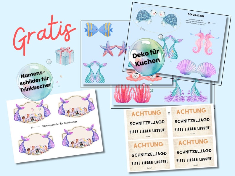 Puede incluir: Un conjunto de decoraciones de fiesta con tem&aacute;tica de sirena para imprimir, que incluye etiquetas de nombre para vasos, adornos para pasteles y letreros que dicen "ACHTUNG SCHNITZELJAGD BITTE LIEGEN LASSEN!" en alem&aacute;n.