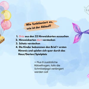 Peut inclure: Une illustration aquarelle bleue et rose d'une queue de sir&egrave;ne avec un coffre au tr&eacute;sor et des ballons. Le texte dit : "Wie funktioniert es, wie ist der Ablauf?"  1. Orte aus den 32 Hinweiskarten aussuchen 2. Hinweiskarten dort verstecken 3. Schatz verstecken 4. Die Kinder bekommen den Brief + ersten Hinweis und spielen sich quer durch das Haus/Garten/Spielplatz + Plus 8 zus&auml;tzliche R&auml;tselfragen, falls die Schnitzeljagd verl&auml;ngert werden soll.  K&Oslash;NIGOLD DIGITAL