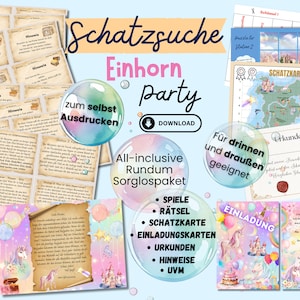 Einhorn Schnitzeljagd für Kindergeburtstag, Rätsel & Bewegungsspiele für drinnen, draußen + Spielplatz, 4 5 6 7 8 Jahre, PDF Zum Ausdrucken