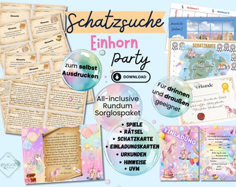 Einhorn Schnitzeljagd für Kindergeburtstag, Rätsel & Bewegungsspiele für drinnen, draußen + Spielplatz, 4 5 6 7 8 Jahre, PDF Zum Ausdrucken