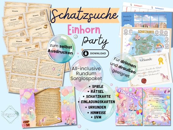 Einhorn Schnitzeljagd für Kindergeburtstag, Rätsel & Bewegungsspiele für drinnen, draußen + Spielplatz, 4 5 6 7 8 Jahre, PDF Zum Ausdrucken