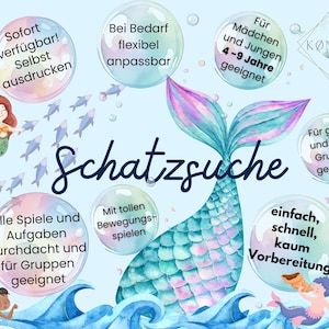 Puede incluir: Una ilustraci&oacute;n colorida de una cola de sirena con burbujas que la rodean. Las burbujas contienen texto en alem&aacute;n, incluyendo "Schatzsuche", "Sofort verf&uuml;gbar", "Bei Bedarf flexibel anpassbar", "F&uuml;r M&auml;dchen und Jungen 4-9 Jahre geeignet", "Alle Spiele und Aufgaben durchdacht und f&uuml;r Gruppen geeignet", "Mit tollen Bewegungsspielen", "F&uuml;r gro&szlig;e und kleine Gruppen geeignet", y "einfach, schnell, kaum Vorbereitung".