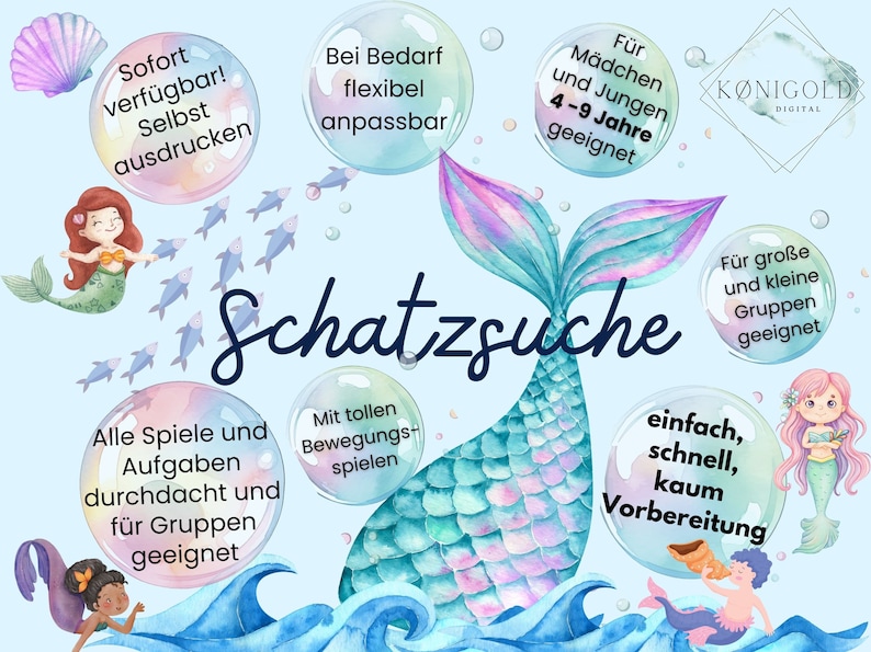 Puede incluir: Una ilustraci&oacute;n colorida de una cola de sirena con burbujas que la rodean. Las burbujas contienen texto en alem&aacute;n, incluyendo "Schatzsuche", "Sofort verf&uuml;gbar", "Bei Bedarf flexibel anpassbar", "F&uuml;r M&auml;dchen und Jungen 4-9 Jahre geeignet", "Alle Spiele und Aufgaben durchdacht und f&uuml;r Gruppen geeignet", "Mit tollen Bewegungsspielen", "F&uuml;r gro&szlig;e und kleine Gruppen geeignet", y "einfach, schnell, kaum Vorbereitung".