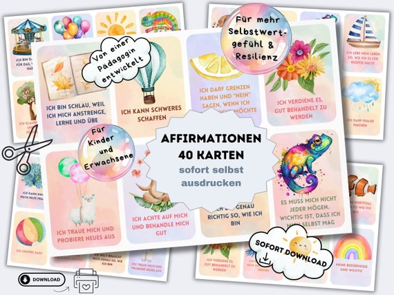 Affirmationskarten für Kinder zum ausdrucken, positive Glaubenssätze für Erwachsene zum ausdrucken, Mutmachkarten für Kinder Schule, PDF