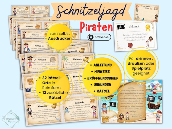 Schnitzeljagd Piraten zum Ausdrucken, Schatzsuche Piraten für drinnen, draußen und Spielplatz,  4 5 6 7 8 9 Jahre, Schnitzeljagd ausdrucken