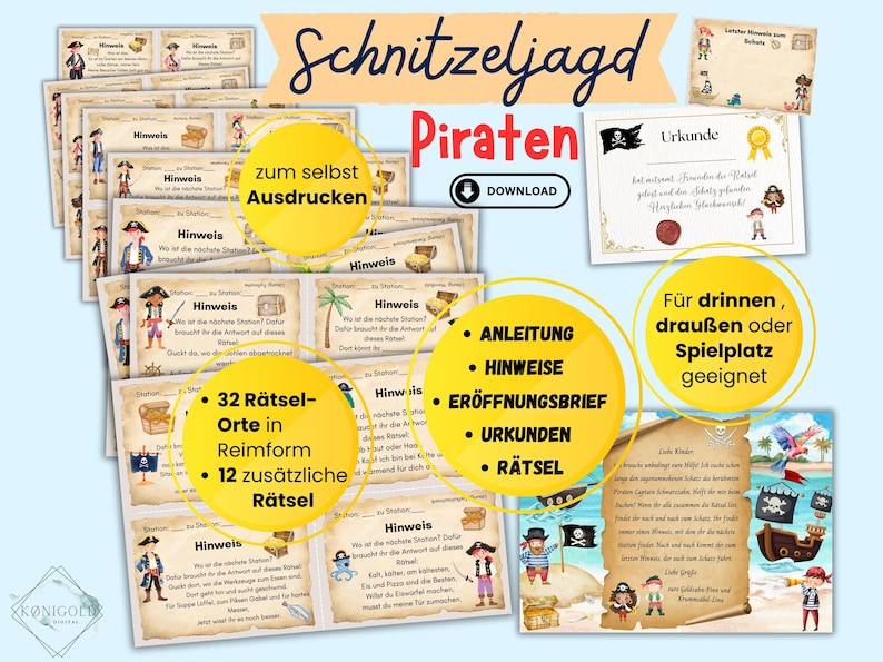 Schnitzeljagd Piraten für Kinder für drinnen, draußen und Spielplatz ab 4 Jahren. Zum Ausrucken mit Anleitung, Hinweisen, Urkunden, Rätsel und Eröffnungsbrief.
