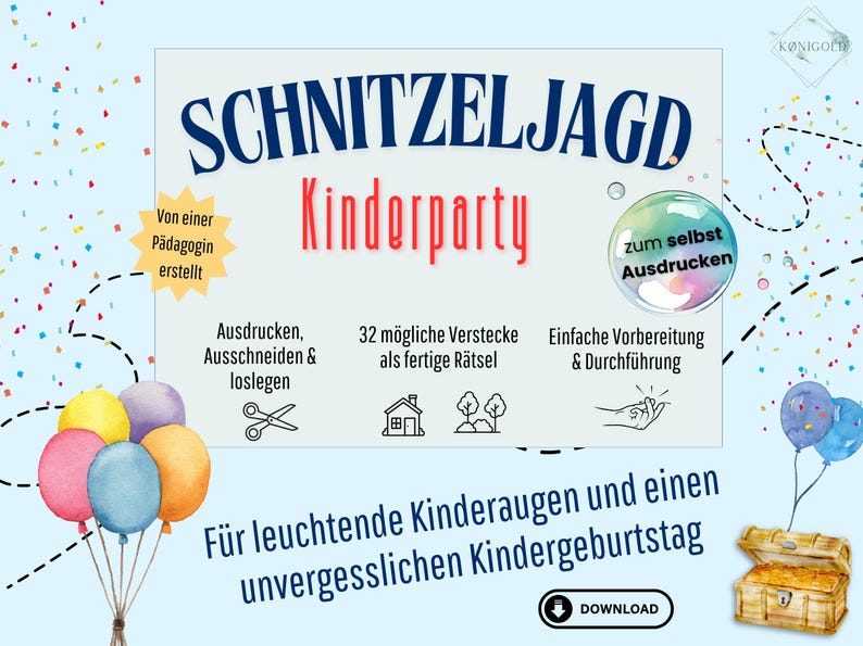 May include: A colorful printable party game for kids called "Schnitzeljagd Kinderparty" with a treasure chest, balloons, and confetti. The game includes 32 possible hiding places and is easy to prepare and play.