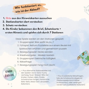 May include: A colorful illustration with instructions on how to play a scavenger hunt game. The text reads "Wie funktioniert es, wie ist der Ablauf?" and lists the steps for playing the game. The illustration also includes a list of games that can be played at each station, such as "F&uuml;hlspiel", "Bewegungsspiel", and "Kreativaufgabe".
