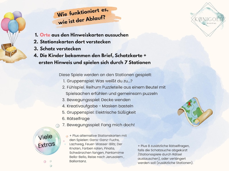 May include: A colorful illustration with instructions on how to play a scavenger hunt game. The text reads "Wie funktioniert es, wie ist der Ablauf?" and lists the steps for playing the game. The illustration also includes a list of games that can be played at each station, such as "F&uuml;hlspiel", "Bewegungsspiel", and "Kreativaufgabe".
