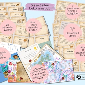Puede incluir: Un juego de b&uacute;squeda del tesoro imprimible para ni&ntilde;os con tem&aacute;tica de sirenas. El juego incluye 28 tarjetas de pistas, 8 tarjetas de pistas en blanco, 7 estaciones de juego, 11 juegos alternativos, 8 acertijos adicionales, un certificado, un mapa del tesoro y invitaciones. El juego est&aacute; dise&ntilde;ado para fiestas de cumplea&ntilde;os de ni&ntilde;os u otras ocasiones especiales.