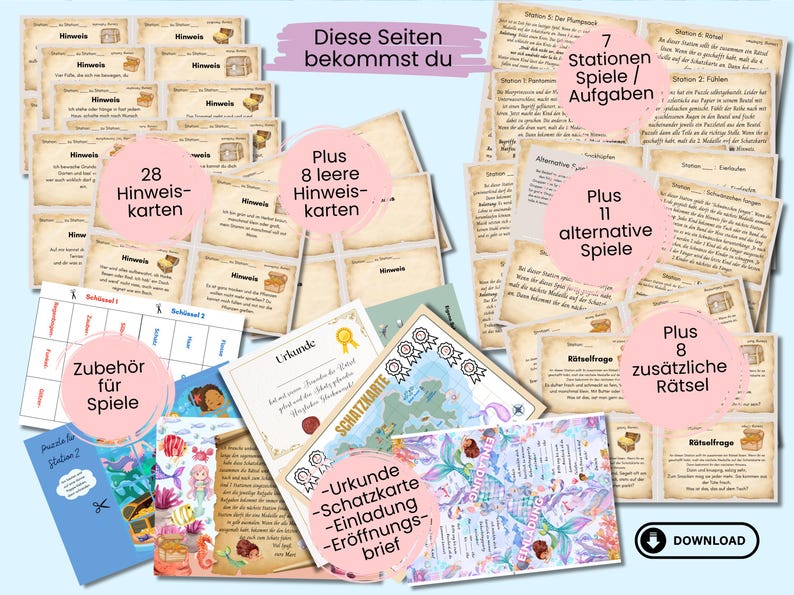 Puede incluir: Un juego de b&uacute;squeda del tesoro imprimible para ni&ntilde;os con tem&aacute;tica de sirenas. El juego incluye 28 tarjetas de pistas, 8 tarjetas de pistas en blanco, 7 estaciones de juego, 11 juegos alternativos, 8 acertijos adicionales, un certificado, un mapa del tesoro y invitaciones. El juego est&aacute; dise&ntilde;ado para fiestas de cumplea&ntilde;os de ni&ntilde;os u otras ocasiones especiales.
