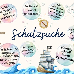 Op de afbeelding: Een kleurrijke illustratie van een schattenjacht spel met een piratenschip, een schatkist en een kompas. De tekst zegt "Schatzsuche", wat "schattenjacht" betekent in het Duits. Het spel is geschikt voor kinderen van 4 tot 9 jaar en voor groepen van alle formaten.