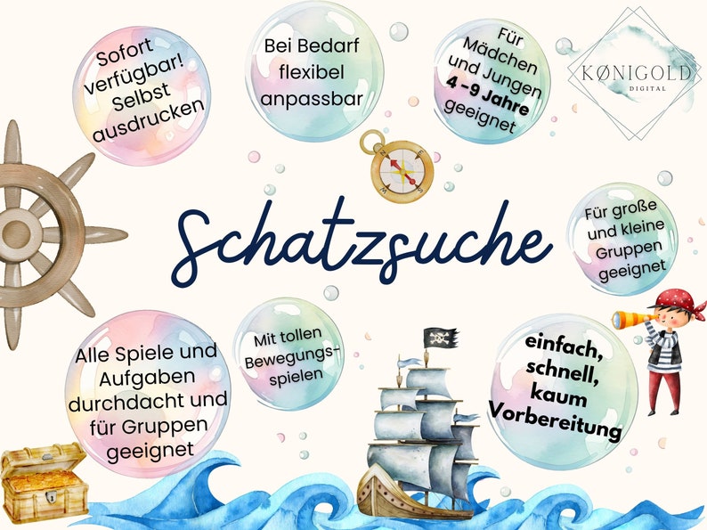Op de afbeelding: Een kleurrijke illustratie van een schattenjacht spel met een piratenschip, een schatkist en een kompas. De tekst zegt "Schatzsuche", wat "schattenjacht" betekent in het Duits. Het spel is geschikt voor kinderen van 4 tot 9 jaar en voor groepen van alle formaten.