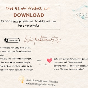 Op de afbeelding: Een roze en witte aquarel achtergrond met een wit kader met de tekst "Dies ist ein Produkt zum DOWNLOAD Es wird kein physisches Produkt mit der Post verschickt". Onder het kader is een roze hart met een witte pijl die naar rechts wijst. De tekst "Wie funktioniert es?" is in cursief geschreven. Een blauwe knop met een witte pijl die naar beneden wijst en de tekst "DOWNLOAD" bevindt zich in de linkerbovenhoek. Onder de knop is een roze hart met een witte pijl die naar rechts wijst. De tekst "Du erh&auml;ltst von Etsy eine E-Mail mit dem Link zum Downloaden der Datei. Du l&auml;dst eine PDF Datei herunter, in der ein Link zu meinem Google Drive Ordner ist. Dort l&auml;dst du die Dateien in hoher Qualit&auml;t herunter." bevindt zich onder het hart. De tekst "Oder" bevindt zich onder de pijl. Onder de tekst "Oder" is een roze hart met een witte pijl die naar rechts wijst. De tekst "Gehe mit deinem Browser in deinem Etsy Account auf "Eink&auml;ufe und Bewertungen". Neben der Bestellung steht "Dateien herunterladen" bevindt zich onder het hart. Onder de tekst is een gloeilamp met een witte pijl die naar rechts wijst. De tekst "In der Etsy App kann die Datei nicht runtergeladen werden" bevindt zich onder de gloeilamp.