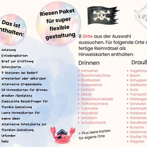 Op de afbeelding: Een kleurrijke illustratie van een piratenschip met een vlag met een schedel en gekruiste beenderen. De tekst "Riesen Paket f&uuml;r super flexible Gestaltung" staat in een roze bubbel. De tekst "Das ist enthalten:" staat in een blauwe bubbel. De tekst "8 Orte aus der Auswahl aussuchen. F&uuml;r folgende Orte sind fertige Reimr&auml;tsel als Hinweiskarten enthalten: Drinnen Drau&szlig;en" staat in zwarte tekst. Onder elke kop staat een lijst met items.