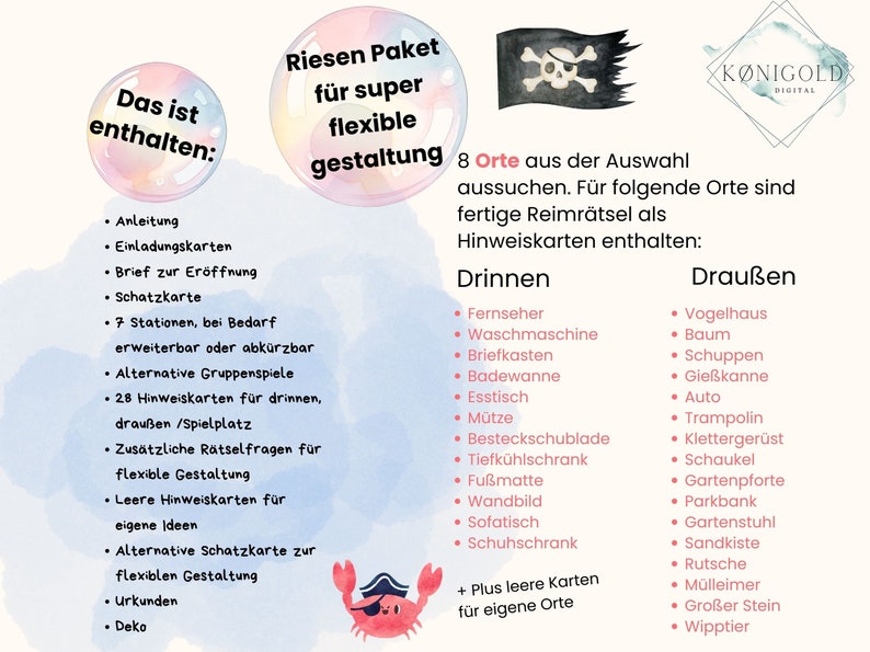 Op de afbeelding: Een kleurrijke illustratie van een piratenschip met een vlag met een schedel en gekruiste beenderen. De tekst "Riesen Paket f&uuml;r super flexible Gestaltung" staat in een roze bubbel. De tekst "Das ist enthalten:" staat in een blauwe bubbel. De tekst "8 Orte aus der Auswahl aussuchen. F&uuml;r folgende Orte sind fertige Reimr&auml;tsel als Hinweiskarten enthalten: Drinnen Drau&szlig;en" staat in zwarte tekst. Onder elke kop staat een lijst met items.