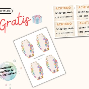 May include: Printable name tags for drink cups with a floral design and colorful balloons. The text on the tags says "Nomen Trinkbecher".
