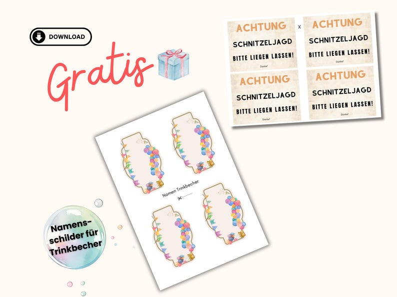 May include: Printable name tags for drink cups with a floral design and colorful balloons. The text on the tags says "Nomen Trinkbecher".