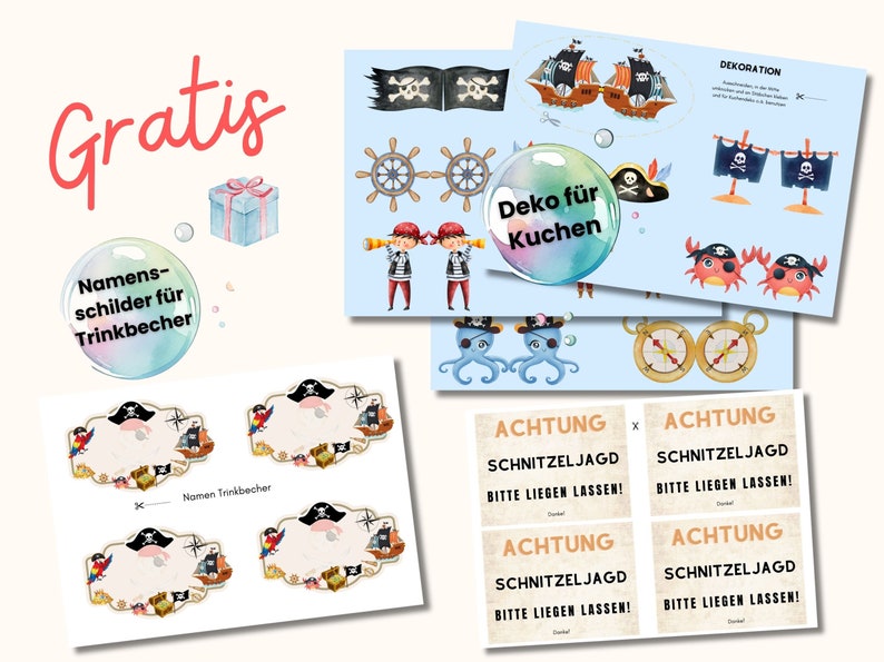Op de afbeelding: Printbare piratenpartydecoraties, waaronder naamstickers voor drinkbekers, borden voor een eetbuffet en een taarttopper. De decoraties zijn in blauw-witte kleuren met piratenschepen, papegaaien en schatkisten.