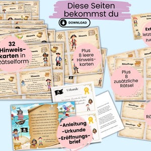 May include: A printable pirate treasure hunt game with 32 riddle cards, 8 blank riddle cards, 8 additional riddles, 4 blank riddle cards, a certificate, a letter, and instructions. The game features a pirate theme with illustrations of pirates, treasure chests, and ships.