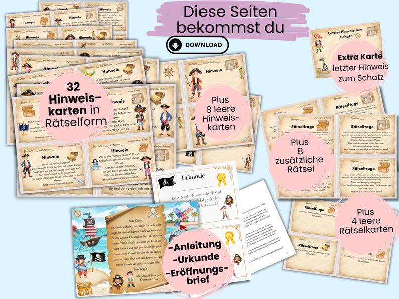 May include: A printable pirate treasure hunt game with 32 riddle cards, 8 blank riddle cards, 8 additional riddles, 4 blank riddle cards, a certificate, a letter, and instructions. The game features a pirate theme with illustrations of pirates, treasure chests, and ships.