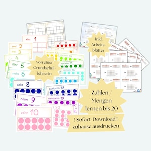 Könnte beinhalten: Ein Satz druckbarer Lernspielkarten zum Erlernen von Zahlen und Mengen bis 20. Die Karten haben bunte Hintergründe, Zahlen und Punkte, die die Menge darstellen. Der Text "Zahlen/ Mengen lernen bis 20! Sofort-Download! zuhause ausdrucken" ist ebenfalls enthalten.