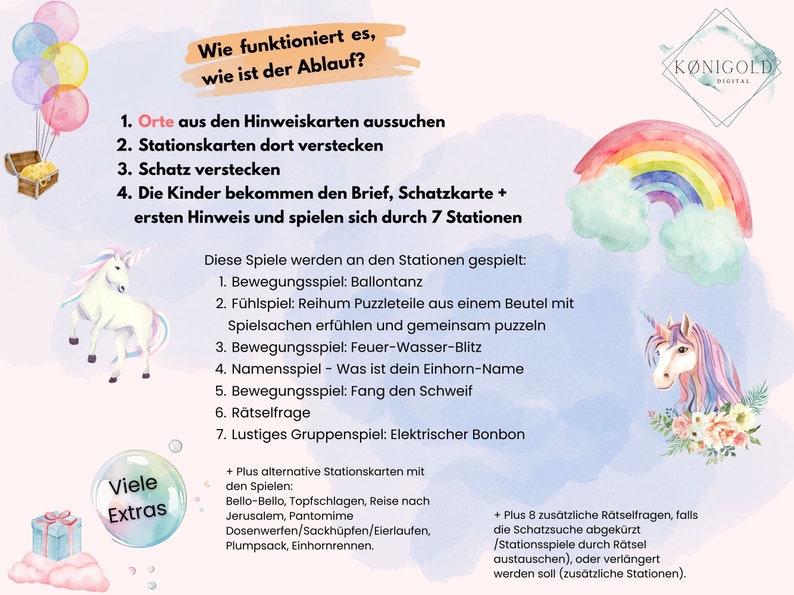 Einhorn Schnitzeljagd für Kindergeburtstag, Rätsel & Bewegungsspiele für drinnen, draußen + Spielplatz, 4 5 6 7 8 Jahre, PDF Zum Ausdrucken image 5