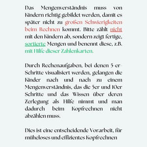 May include: A black and white text document with a German language description of how to teach children about numbers and counting. The text explains that children should be taught to recognize groups of numbers, such as 5s and 10s, to help them learn to count and do math.