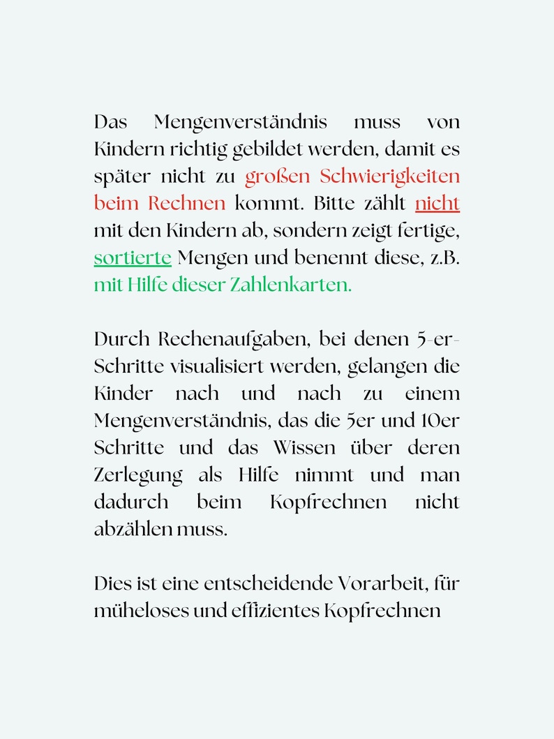 May include: A black and white text document with a German language description of how to teach children about numbers and counting. The text explains that children should be taught to recognize groups of numbers, such as 5s and 10s, to help them learn to count and do math.