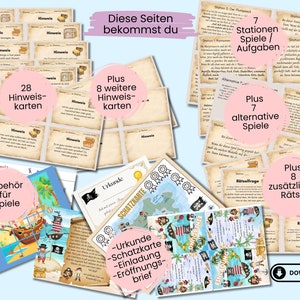 Op de afbeelding: Een printbaar piraten-schattenjacht spel met 28 aanwijskaarten, 8 extra aanwijskaarten, 7 stationsspelen, 7 alternatieve spellen, 8 extra raadsels, een schatkaart, een certificaat en een uitnodiging. Het spel is ontworpen voor kinderen en bevat instructies om te spelen.