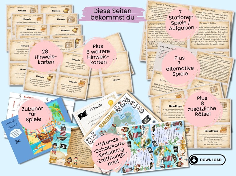 Op de afbeelding: Een printbaar piraten-schattenjacht spel met 28 aanwijskaarten, 8 extra aanwijskaarten, 7 stationsspelen, 7 alternatieve spellen, 8 extra raadsels, een schatkaart, een certificaat en een uitnodiging. Het spel is ontworpen voor kinderen en bevat instructies om te spelen.