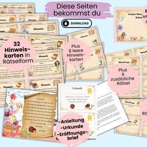 Peut inclure: Un ensemble imprimable de 32 cartes d'indices de chasse au tr&eacute;sor sur le th&egrave;me des sir&egrave;nes, sous forme de devinettes. L'ensemble comprend 8 cartes d'indices vierges, 8 devinettes suppl&eacute;mentaires, 4 cartes de devinettes vierges, un certificat et des instructions. Les cartes sont d&eacute;cor&eacute;es de sir&egrave;nes, de coffres au tr&eacute;sor et de coquillages.
