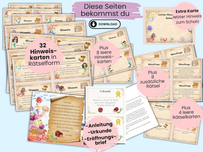 Peut inclure: Un ensemble imprimable de 32 cartes d'indices de chasse au tr&eacute;sor sur le th&egrave;me des sir&egrave;nes, sous forme de devinettes. L'ensemble comprend 8 cartes d'indices vierges, 8 devinettes suppl&eacute;mentaires, 4 cartes de devinettes vierges, un certificat et des instructions. Les cartes sont d&eacute;cor&eacute;es de sir&egrave;nes, de coffres au tr&eacute;sor et de coquillages.