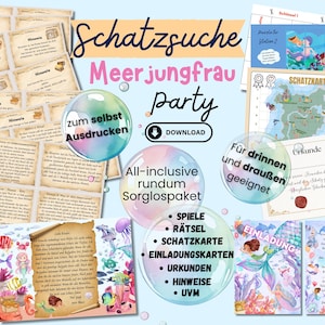 Meerjungfrau Schnitzeljagd für Kindergeburtstag, Schatzsuche Nixe für drinnen, draußen und Spielplatz,  4 5 6 7 8 Jahre, PDF zum Ausdrucken