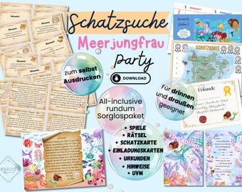 Meerjungfrau Schnitzeljagd für Kindergeburtstag, Schatzsuche Nixe für drinnen, draußen und Spielplatz,  4 5 6 7 8 Jahre, PDF zum Ausdrucken