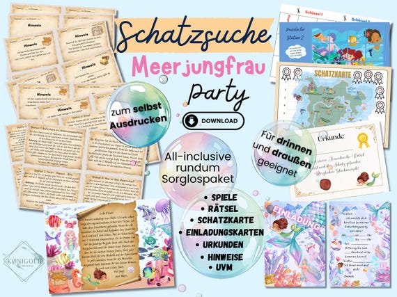 Meerjungfrau Schnitzeljagd für Kindergeburtstag, Schatzsuche Nixe für drinnen, draußen und Spielplatz,  4 5 6 7 8 Jahre, PDF zum Ausdrucken